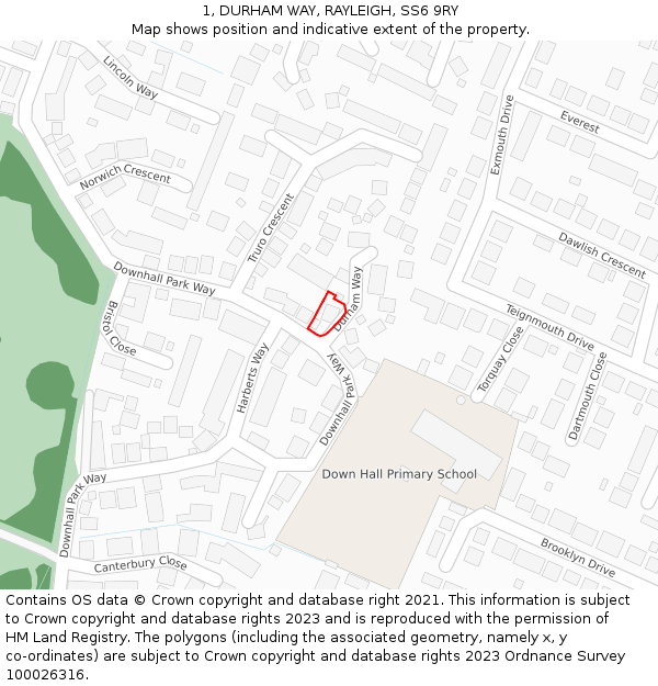 1, DURHAM WAY, RAYLEIGH, SS6 9RY: Location map and indicative extent of plot