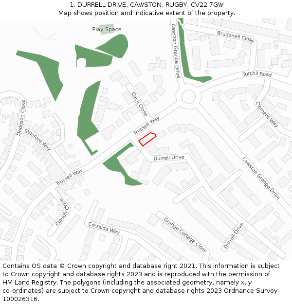 1, DURRELL DRIVE, CAWSTON, RUGBY, CV22 7GW: Location map and indicative extent of plot