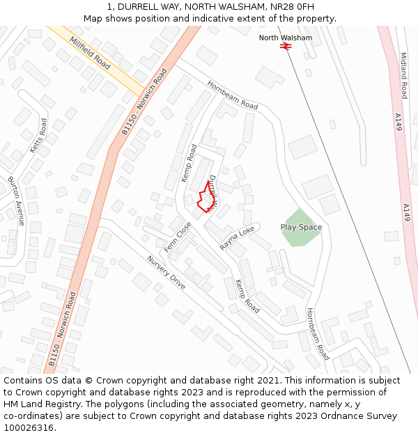 1, DURRELL WAY, NORTH WALSHAM, NR28 0FH: Location map and indicative extent of plot
