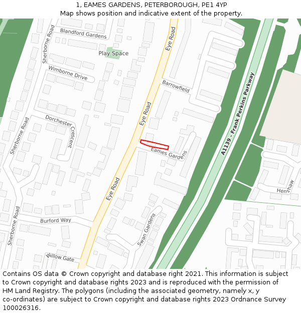 1, EAMES GARDENS, PETERBOROUGH, PE1 4YP: Location map and indicative extent of plot