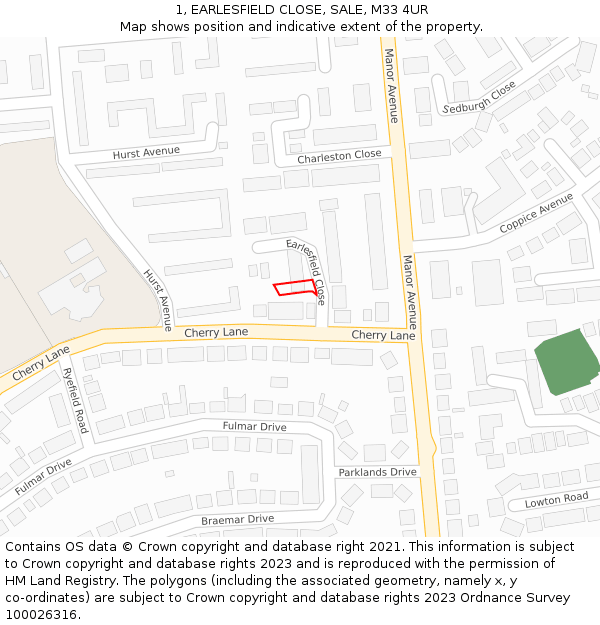 1, EARLESFIELD CLOSE, SALE, M33 4UR: Location map and indicative extent of plot
