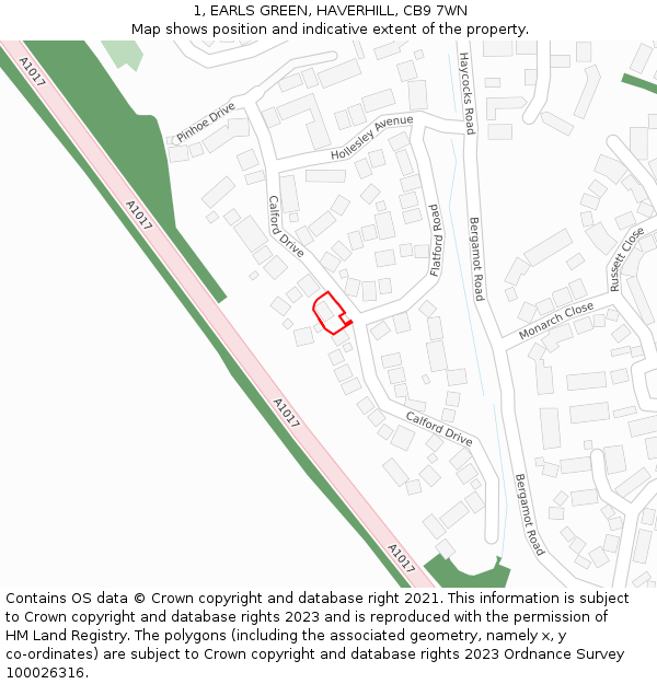 1, EARLS GREEN, HAVERHILL, CB9 7WN: Location map and indicative extent of plot