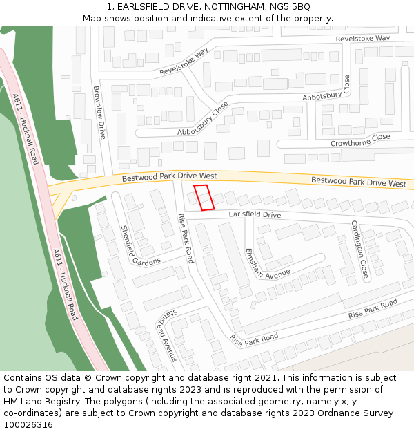 1, EARLSFIELD DRIVE, NOTTINGHAM, NG5 5BQ: Location map and indicative extent of plot