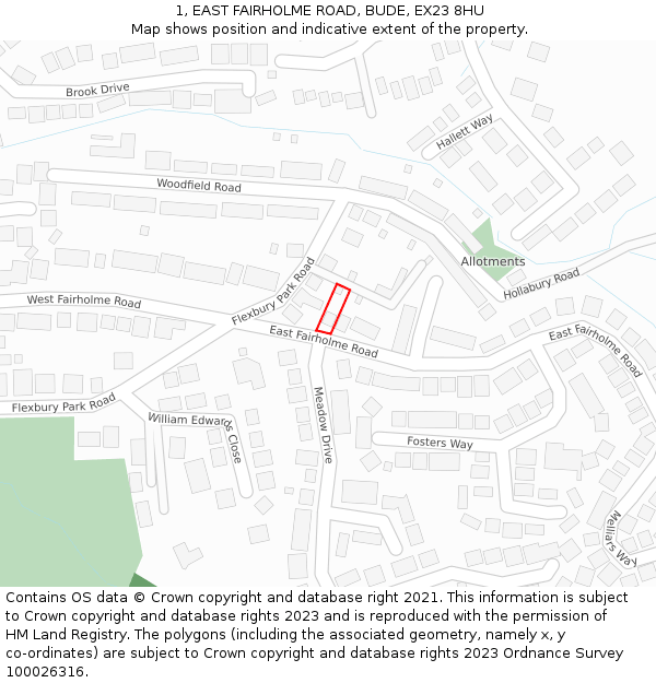 1, EAST FAIRHOLME ROAD, BUDE, EX23 8HU: Location map and indicative extent of plot