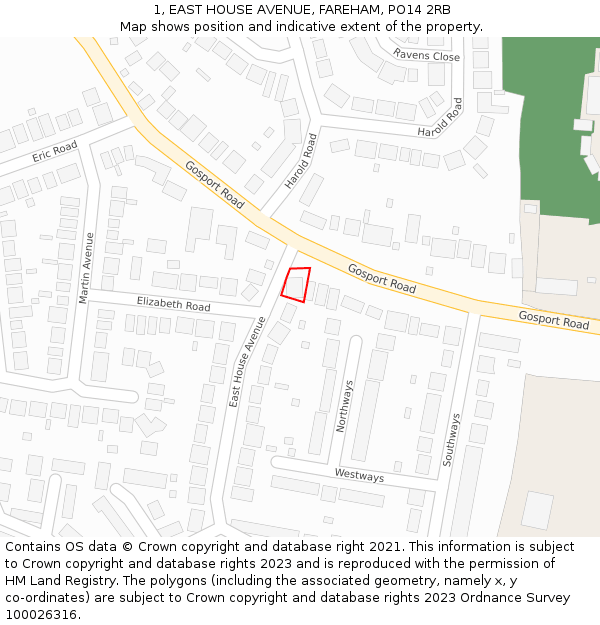 1, EAST HOUSE AVENUE, FAREHAM, PO14 2RB: Location map and indicative extent of plot