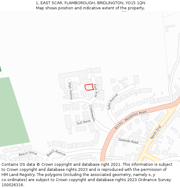 1, EAST SCAR, FLAMBOROUGH, BRIDLINGTON, YO15 1QN: Location map and indicative extent of plot