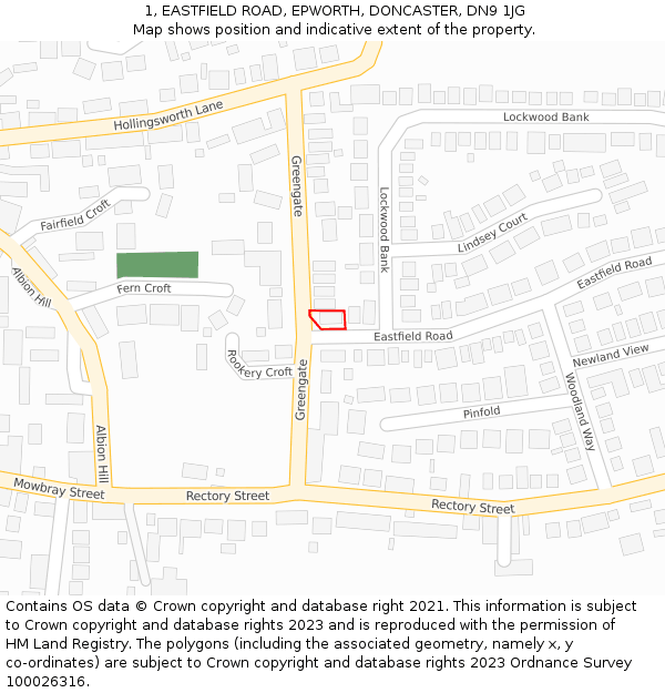 1, EASTFIELD ROAD, EPWORTH, DONCASTER, DN9 1JG: Location map and indicative extent of plot
