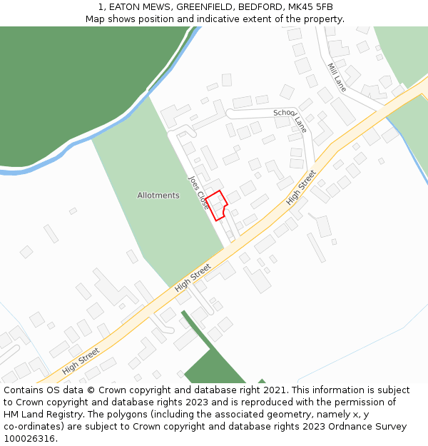 1, EATON MEWS, GREENFIELD, BEDFORD, MK45 5FB: Location map and indicative extent of plot