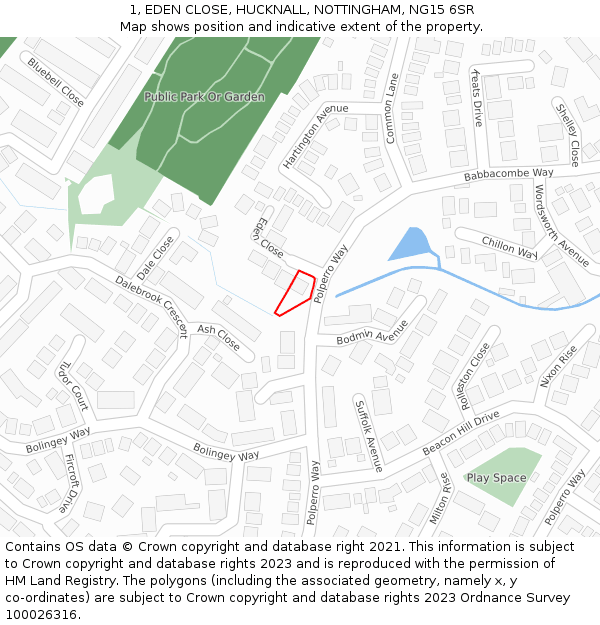 1, EDEN CLOSE, HUCKNALL, NOTTINGHAM, NG15 6SR: Location map and indicative extent of plot