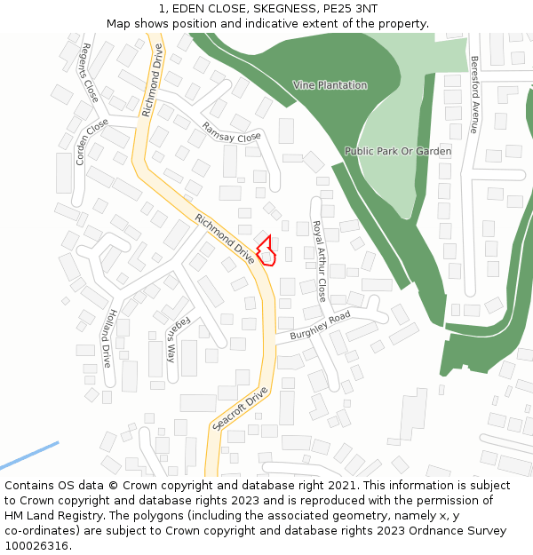 1, EDEN CLOSE, SKEGNESS, PE25 3NT: Location map and indicative extent of plot