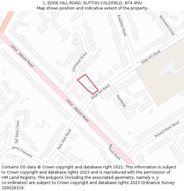 1, EDGE HILL ROAD, SUTTON COLDFIELD, B74 4NU: Location map and indicative extent of plot