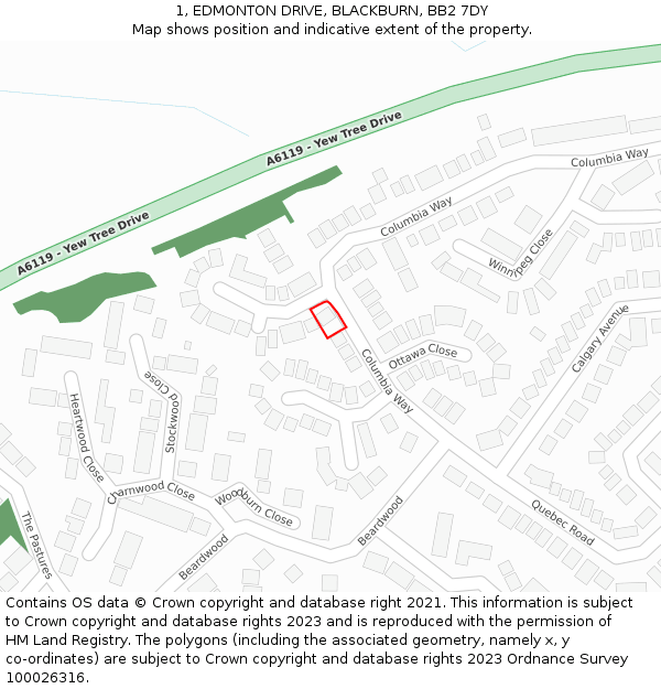 1, EDMONTON DRIVE, BLACKBURN, BB2 7DY: Location map and indicative extent of plot