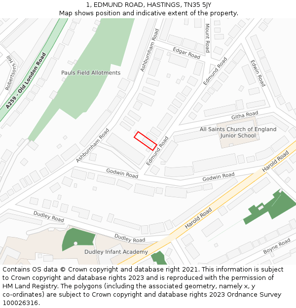1, EDMUND ROAD, HASTINGS, TN35 5JY: Location map and indicative extent of plot
