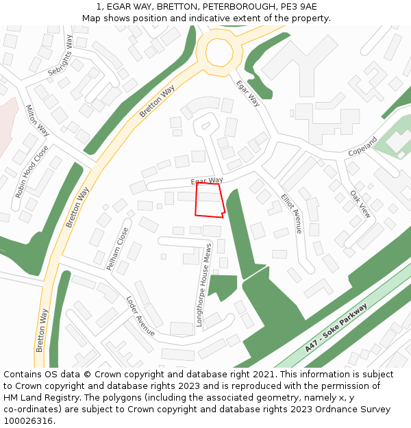 1, EGAR WAY, BRETTON, PETERBOROUGH, PE3 9AE: Location map and indicative extent of plot