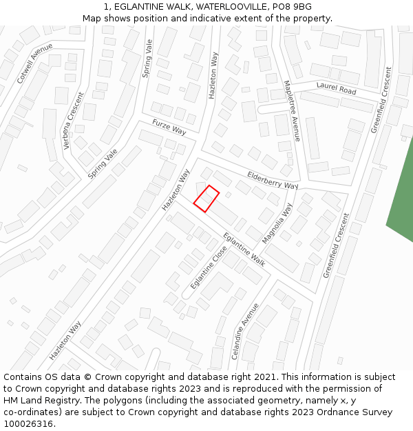 1, EGLANTINE WALK, WATERLOOVILLE, PO8 9BG: Location map and indicative extent of plot