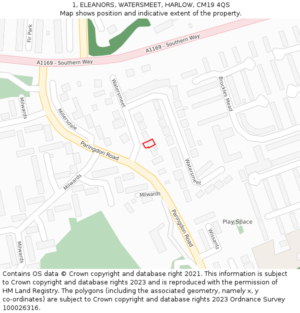 1, ELEANORS, WATERSMEET, HARLOW, CM19 4QS: Location map and indicative extent of plot