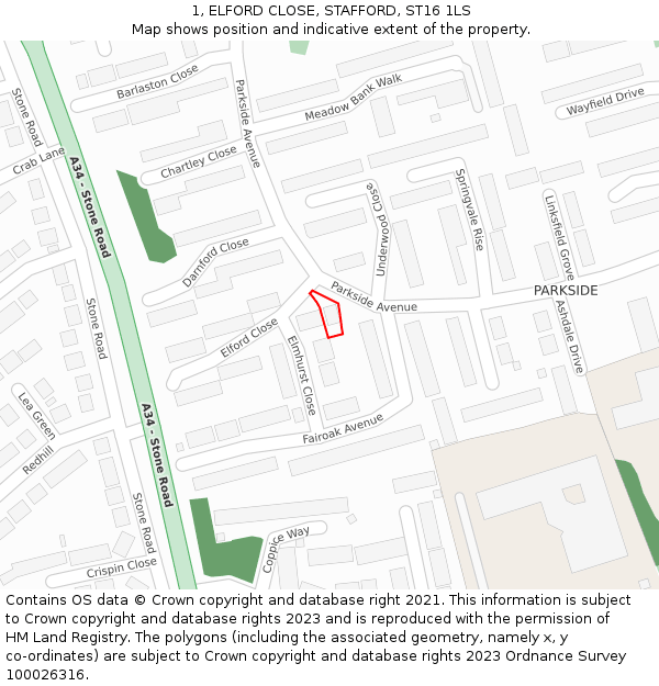 1, ELFORD CLOSE, STAFFORD, ST16 1LS: Location map and indicative extent of plot