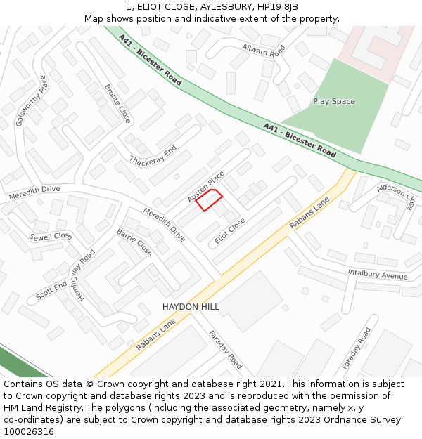 1, ELIOT CLOSE, AYLESBURY, HP19 8JB: Location map and indicative extent of plot