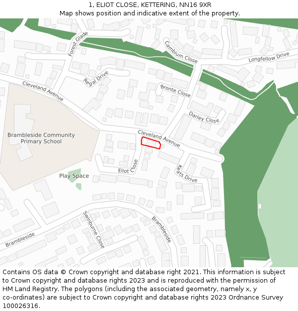 1, ELIOT CLOSE, KETTERING, NN16 9XR: Location map and indicative extent of plot