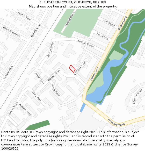 1, ELIZABETH COURT, CLITHEROE, BB7 1FB: Location map and indicative extent of plot
