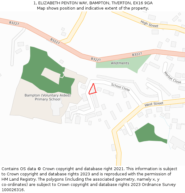 1, ELIZABETH PENTON WAY, BAMPTON, TIVERTON, EX16 9GA: Location map and indicative extent of plot