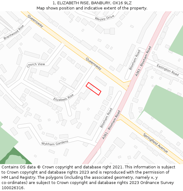 1, ELIZABETH RISE, BANBURY, OX16 9LZ: Location map and indicative extent of plot