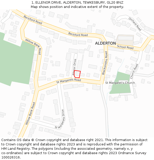 1, ELLENOR DRIVE, ALDERTON, TEWKESBURY, GL20 8NZ: Location map and indicative extent of plot