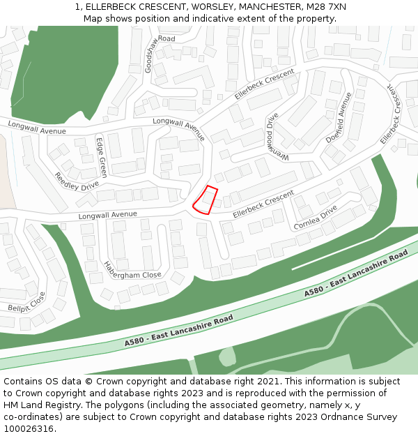 1, ELLERBECK CRESCENT, WORSLEY, MANCHESTER, M28 7XN: Location map and indicative extent of plot