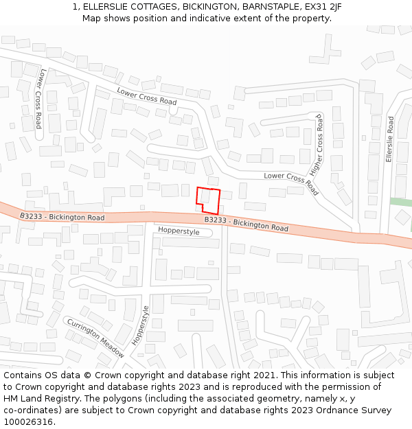 1, ELLERSLIE COTTAGES, BICKINGTON, BARNSTAPLE, EX31 2JF: Location map and indicative extent of plot