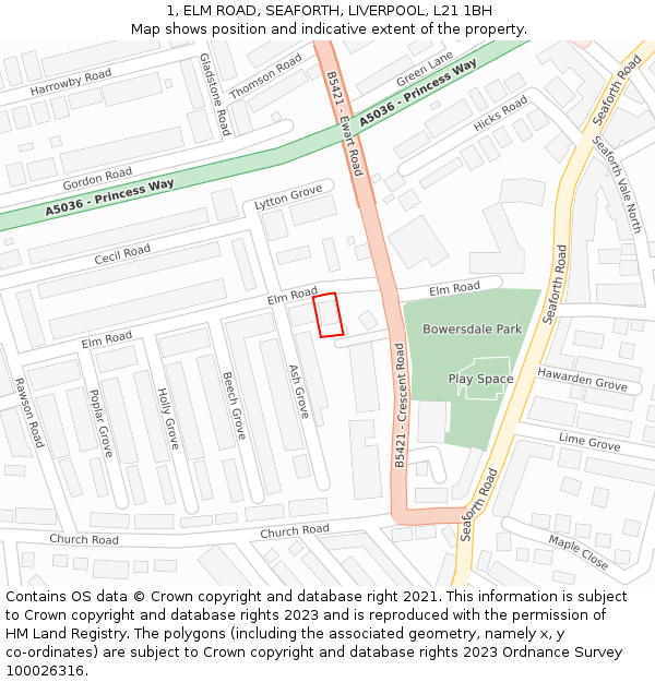 1, ELM ROAD, SEAFORTH, LIVERPOOL, L21 1BH: Location map and indicative extent of plot