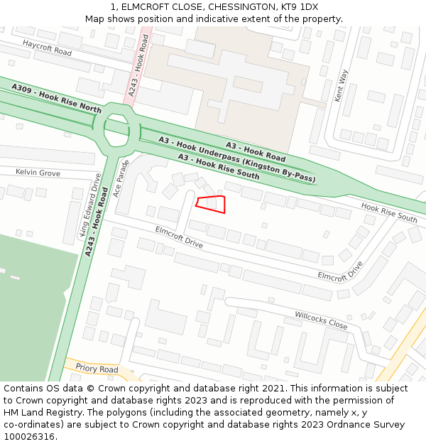 1, ELMCROFT CLOSE, CHESSINGTON, KT9 1DX: Location map and indicative extent of plot