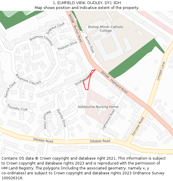 1, ELMFIELD VIEW, DUDLEY, DY1 3DH: Location map and indicative extent of plot