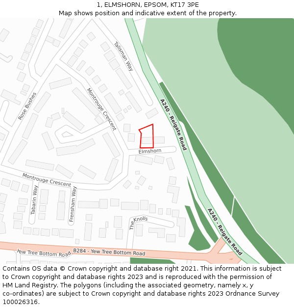1, ELMSHORN, EPSOM, KT17 3PE: Location map and indicative extent of plot