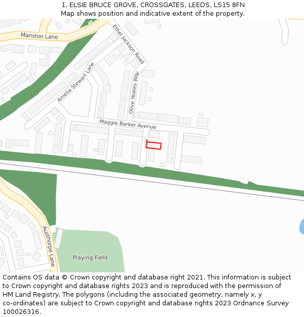 1, ELSIE BRUCE GROVE, CROSSGATES, LEEDS, LS15 8FN: Location map and indicative extent of plot