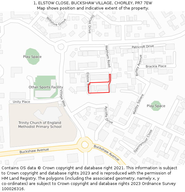 1, ELSTOW CLOSE, BUCKSHAW VILLAGE, CHORLEY, PR7 7EW: Location map and indicative extent of plot