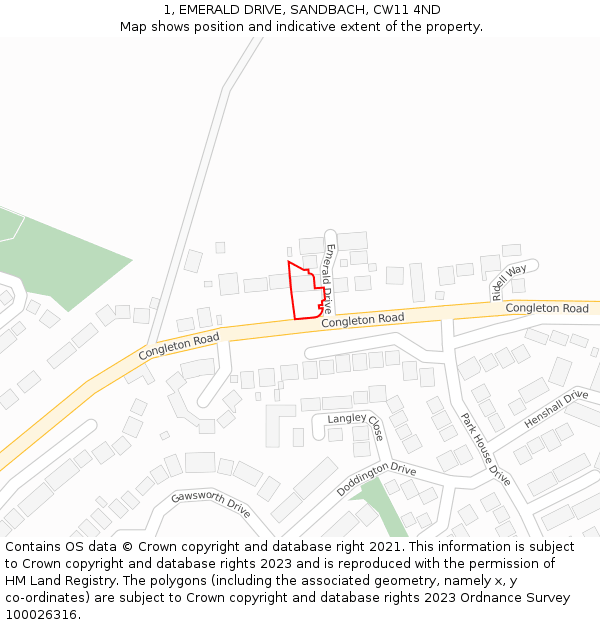 1, EMERALD DRIVE, SANDBACH, CW11 4ND: Location map and indicative extent of plot
