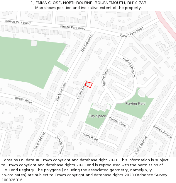 1, EMMA CLOSE, NORTHBOURNE, BOURNEMOUTH, BH10 7AB: Location map and indicative extent of plot