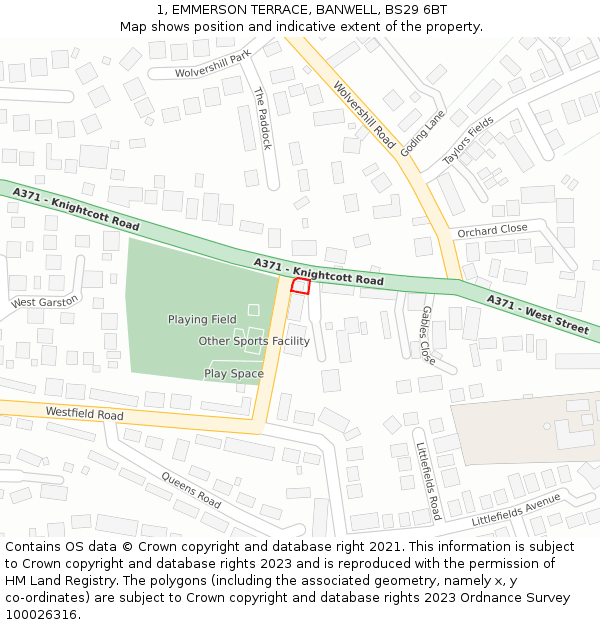 1, EMMERSON TERRACE, BANWELL, BS29 6BT: Location map and indicative extent of plot