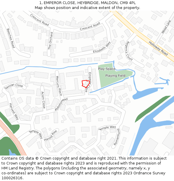 1, EMPEROR CLOSE, HEYBRIDGE, MALDON, CM9 4PL: Location map and indicative extent of plot