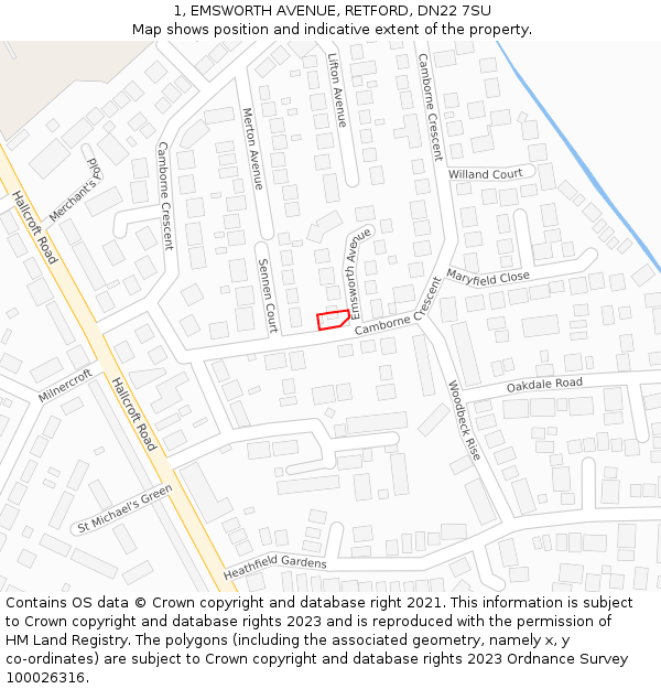 1, EMSWORTH AVENUE, RETFORD, DN22 7SU: Location map and indicative extent of plot
