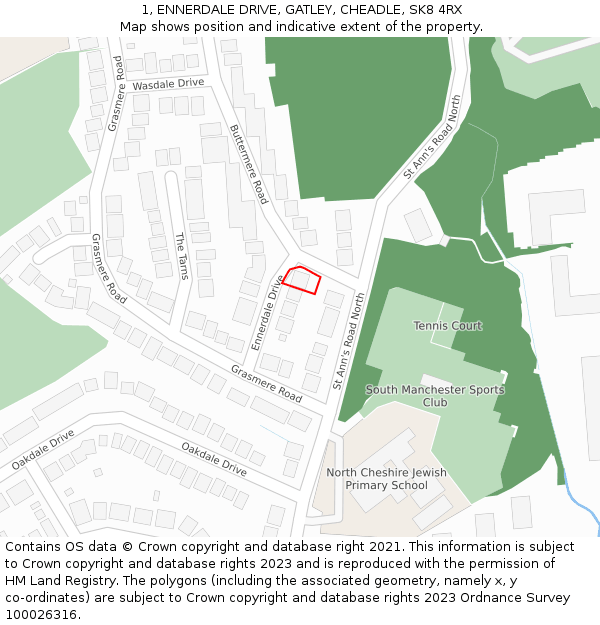 1, ENNERDALE DRIVE, GATLEY, CHEADLE, SK8 4RX: Location map and indicative extent of plot