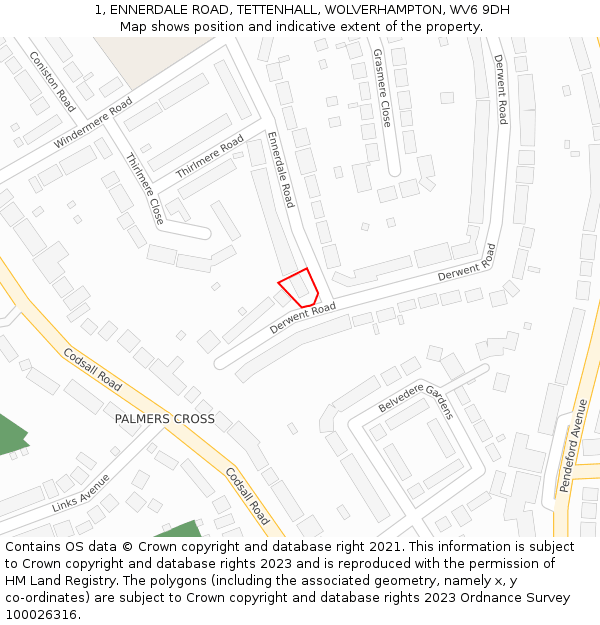 1, ENNERDALE ROAD, TETTENHALL, WOLVERHAMPTON, WV6 9DH: Location map and indicative extent of plot