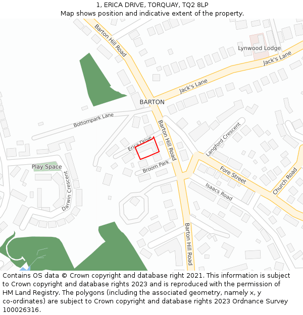 1, ERICA DRIVE, TORQUAY, TQ2 8LP: Location map and indicative extent of plot