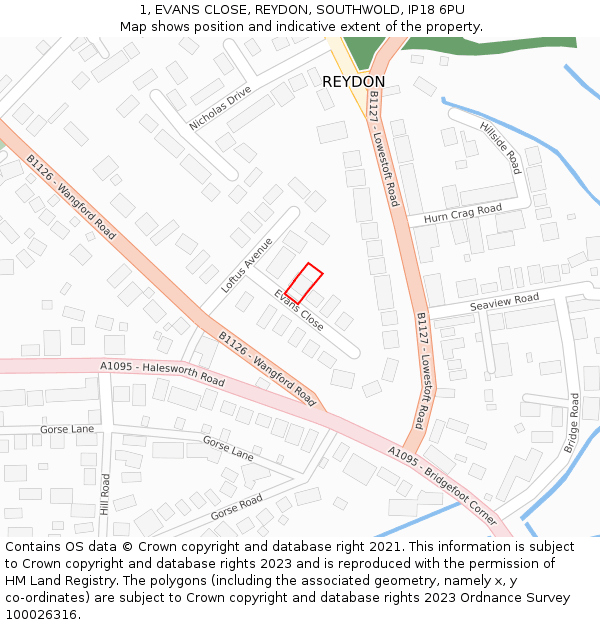 1, EVANS CLOSE, REYDON, SOUTHWOLD, IP18 6PU: Location map and indicative extent of plot