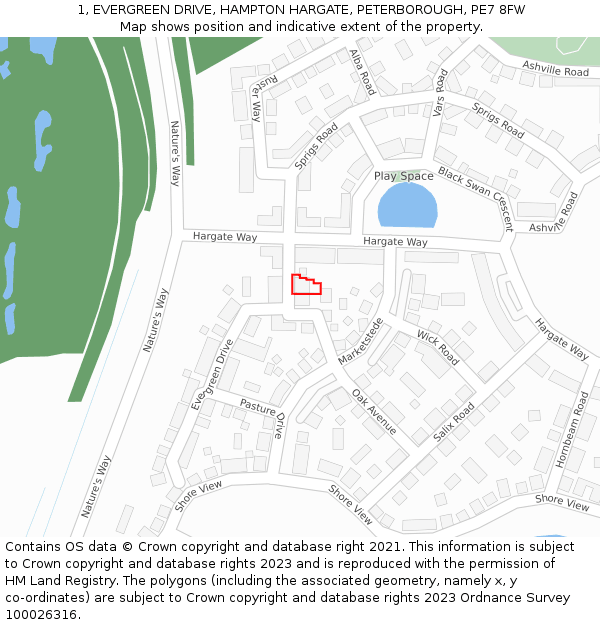 1, EVERGREEN DRIVE, HAMPTON HARGATE, PETERBOROUGH, PE7 8FW: Location map and indicative extent of plot