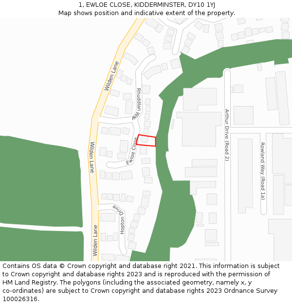 1, EWLOE CLOSE, KIDDERMINSTER, DY10 1YJ: Location map and indicative extent of plot