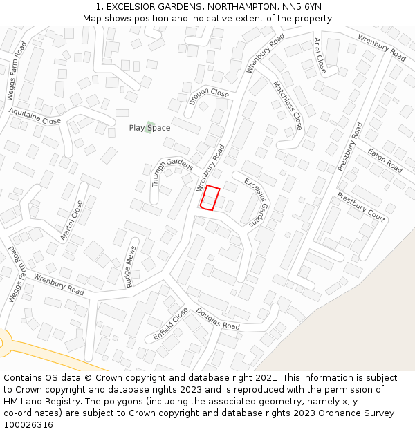 1, EXCELSIOR GARDENS, NORTHAMPTON, NN5 6YN: Location map and indicative extent of plot