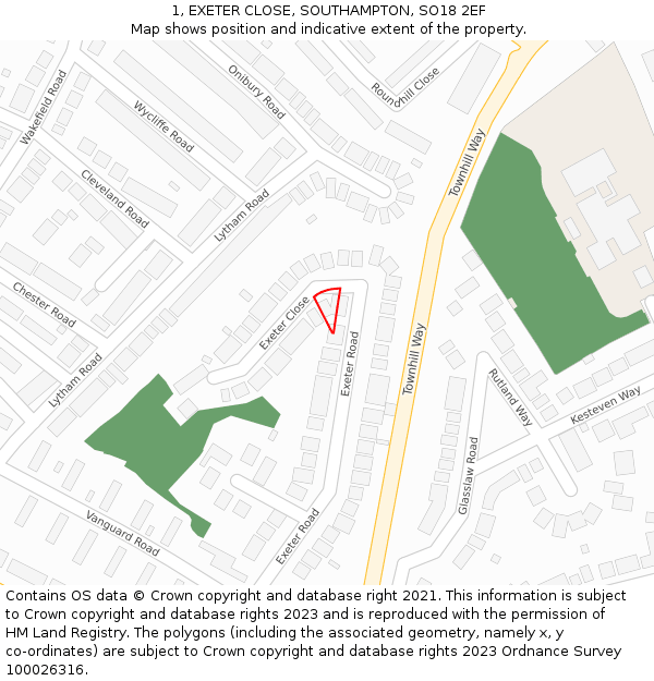 1, EXETER CLOSE, SOUTHAMPTON, SO18 2EF: Location map and indicative extent of plot