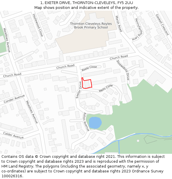 1, EXETER DRIVE, THORNTON-CLEVELEYS, FY5 2UU: Location map and indicative extent of plot