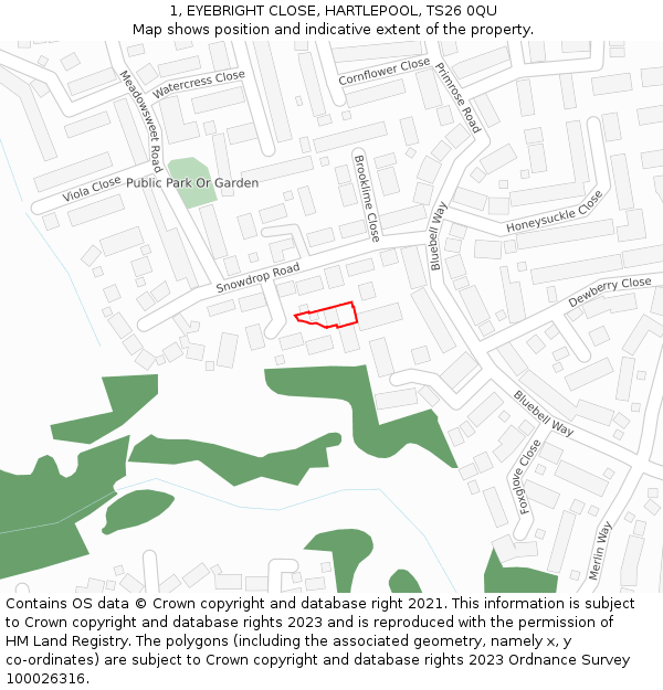 1, EYEBRIGHT CLOSE, HARTLEPOOL, TS26 0QU: Location map and indicative extent of plot